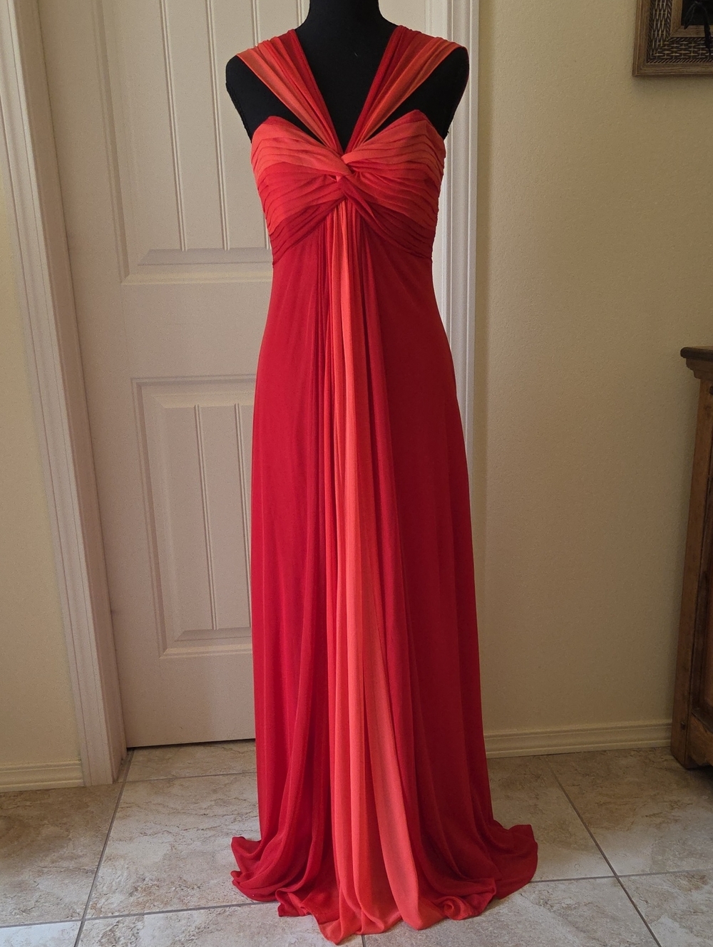 Alex Evenings Red and Coral Chiffon Evening Gown, Size: 6